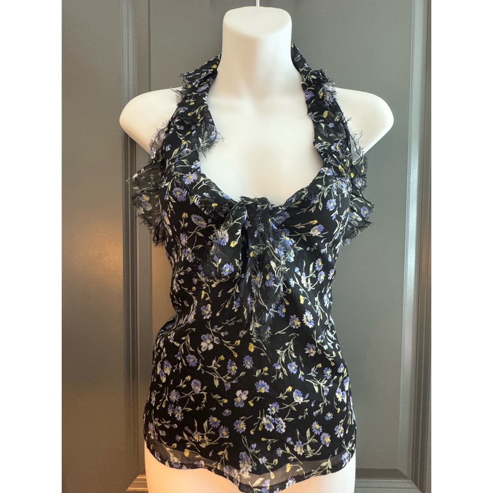 Topshop Black and Blue Floral Halter Blouse